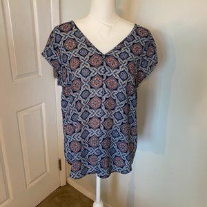 DR2 Printed V-Neck Short Sleeve Blouse Top Size Large